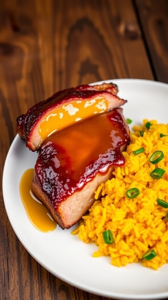 Honey glazed duck breast on a white plate with saffron rice and green onion garnish.